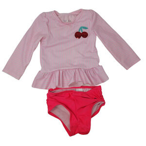 Cat & Jack Cherry Ruffle 2Pc Long Sleeve Swim Suit Toddler Size 2T Rash Guard